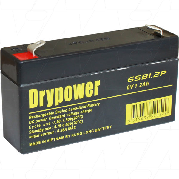 DRYPOWER 6V LEAD ACID 1.2A RECHARGEABLE BATTERY 6SB1.2P